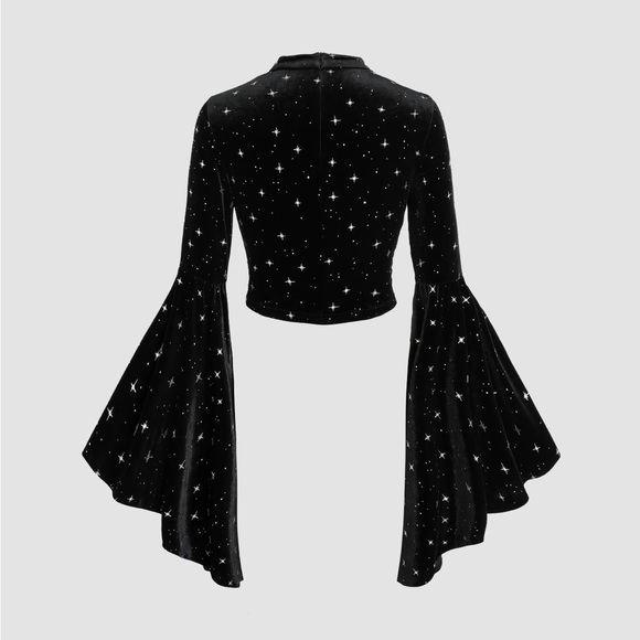 CIDER Black Velvet Star Pattern Bell Sleeve Crop Top with Cutout - Picture 4 of 7